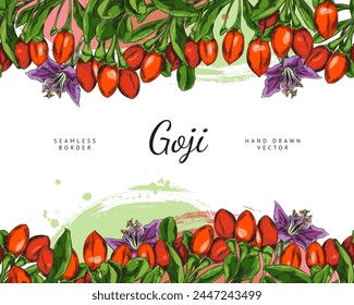 Goji berries. Seamless border of goji berries in vector format. Detailed graphic design of Chinese wolfberry fruit and flowers ideal for cards, invitations and promotional posters with text space.