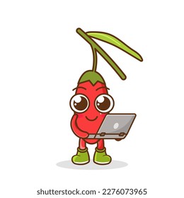 goji berry cartoon holding laptop isolated on white background