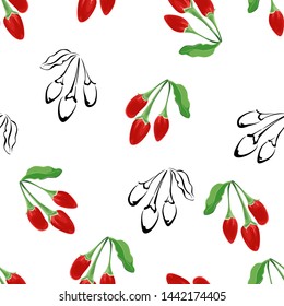 Goji berry seamless pattern. Red berries with green leaves on a white background. Vector color illustration in cartoon flat style and black and white outline.