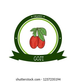 Goji. Branch, berry, leaf. Sketch. Logo, emblem, sticker. 