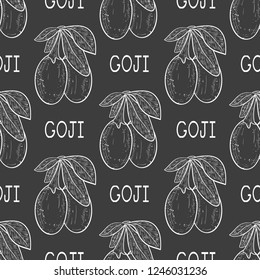 Goji. Branch, berry, leaf.  Sketch. Gray background. Wallpaper, texture, seamless.
