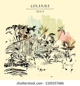 Gokarna beach, Karnataka state, India. Palm trees, a hut made of palm leaves, sand.  Artistic sketch in retro style. Travel poster, postcard with Gokarna India hand lettered title
