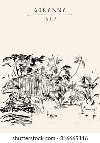 Gokarna beach, Karnataka state, India. Palm trees, a hut made of palm leaves, sand.  Artistic sketch in retro style. Travel poster, postcard template in vector with Gokarna India hand lettered title.