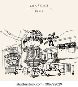 Gokarna, Karnataka, India. Vector artistic drawing. Travel sketch. Decorated car in the street on Mahashivaratri day. Travel postcard, poster or coloring book page with Gokarna, India hand lettering