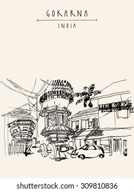 Gokarna, Karnataka, India. Vector artistic drawing. Travel sketch. Decorated car in the street on Mahashivaratri day. Travel postcard, poster or coloring book page with Gokarna, India hand lettering