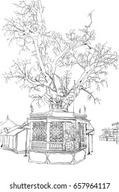 Gokarna village, India. Vector artistic drawing. Travel sketch. Travel postcard, poster or coloring book page with Gokarna, India hand lettering