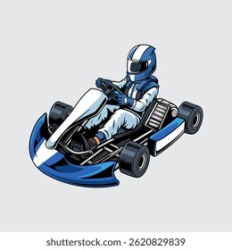Go-Kart blauwe kleur sport auto geïsoleerd met man driver op een lichte achtergrond voor poster, t-shirt print, business element, social media content, blog, sticker, vlog, en kaart	