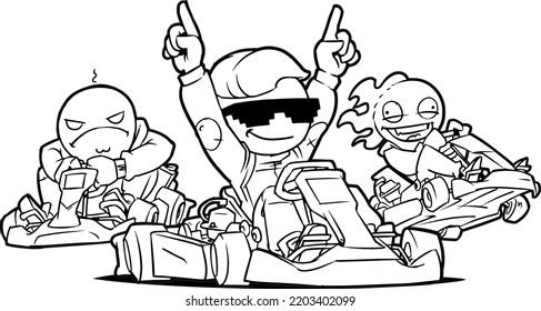 Go-kart Competition. Go-Kart Racers. Black and White illustration isolated on white background