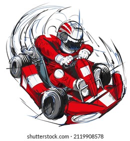 Go-kart driver with red uniform going really fast. Red go-kart at max speed. Driving and racing sport illustration concept.