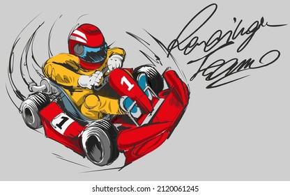 Go-kart driver with yellow uniform going really fast. Red go-kart at max speed. Driving and racing sport illustration concept.