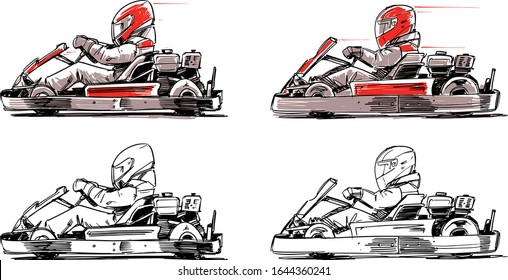 Go-kart racers. Vector Illustration. Sketch Isolated on white background