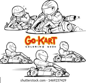 Go-Kart racing. Coloring book. Black and white vector illustration