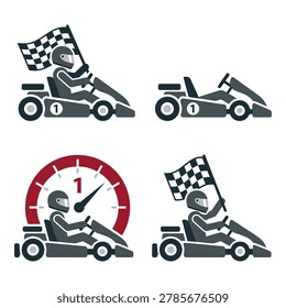 Gokart racing icons with checkered flags and speedometer racing concept icon