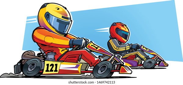 Go-kart racing. Karting competition. Cartoon illustration.