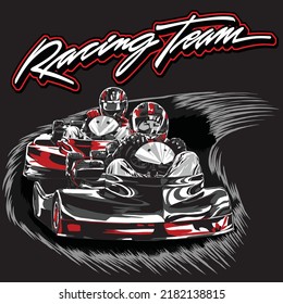 Go-Kart-Rennen auf schwarzem Hintergrund für Poster, T-Shirt-Druck, Business-Element, Social-Media-Inhalte, Blog, Aufkleber, Vlog und Karte. Vektorgrafik.