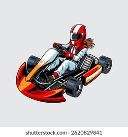 Go-Kart rode kleur sport auto geïsoleerd met vrouw bestuurder op een lichte achtergrond voor poster, T-shirt print, business element, social media content, blog, sticker, vlog, en kaart