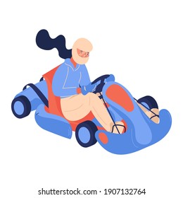 Go-karting concept illustration with woman in helmet riding car. Isolated on white cartoon character