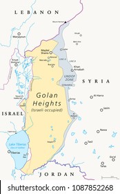 Golan Heights. political map with borders, important places, rivers and Lake Tiberias. A region in the Levant. Area, captured from Syria and occupied by Israel. English labeling. Illustration. Vector.