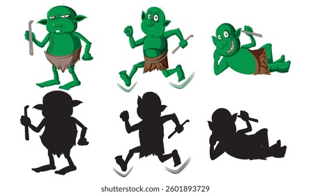 golbin set and silhouette in cartoon character on white background illustration