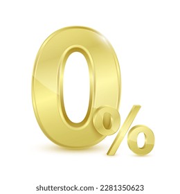 Gold 0% text. Zero percent for special offer buy pay transfer money. Isolated on blue background. Financial business concept. 3D vector illustration.