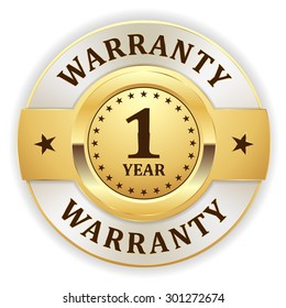 Gold 1 year warranty badge on white background