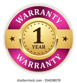Gold 1 year warranty badge with purple border on white background