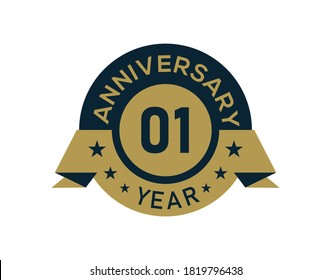 Gold 1 years anniversary badge with banner image, Anniversary logo with golden isolated on white background