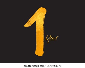 Gold 1 Years Anniversary Celebration Vector Template, 1 Years  logo design, 1th birthday, Gold Lettering Numbers brush drawing hand drawn sketch, number logo design vector illustration