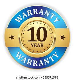 Gold 10 year warranty badge with blue border on white background