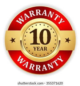 Gold 10 year warranty badge with red border on white background