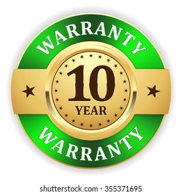 Gold 10 year warranty badge with green border on white background