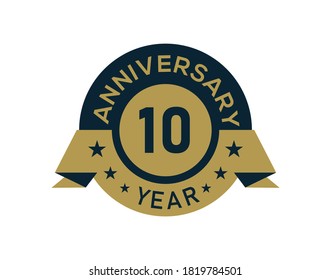 Gold 10 years anniversary badge with banner image, Anniversary logo with golden isolated on white background