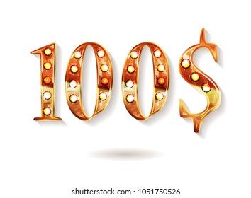 Gold 100 dollar coin on a white background. Vector illustration. Vintage style.