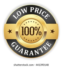 Gold 100 percent low price guarantee badge with black border