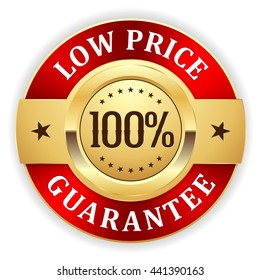 Gold 100 percent low price guarantee badge with red border