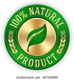 Gold 100 percent natural product badge with green metallic border