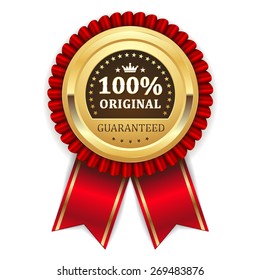 Gold 100 percent original badge with red ribbon