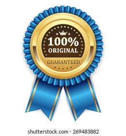 Gold 100 percent original badge with blue ribbon