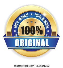 Gold 100 percent original badge with blue ribbon on white background