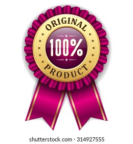 Gold 100 percent original badge with purple ribbon on white background
