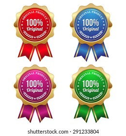 Gold 100 percent original badges with ribbon on white background