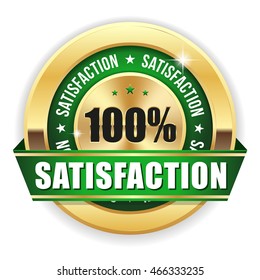 Gold 100 percent satisfaction badge / button with green ribbon on white background