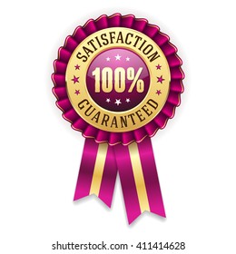 Gold 100 percent satisfaction guaranteed badge, rosette with purple ribbon