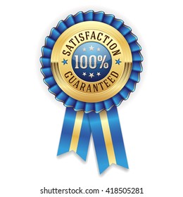 Gold 100 percent satisfaction guaranteed badge, rosette with blue ribbon