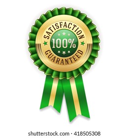 Gold 100 percent satisfaction guaranteed badge, rosette with green ribbon