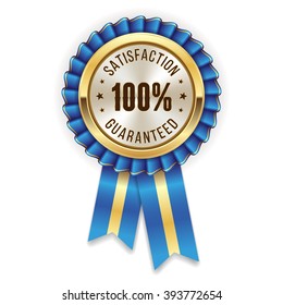 Gold 100 percent satisfaction rosette, badge with blue ribbon