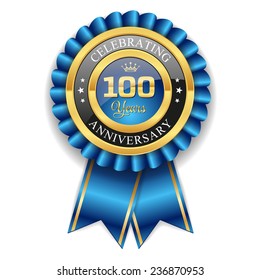 Gold 100 years anniversary badge with blue ribbon on white background