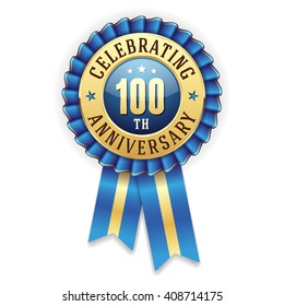 Gold 100th anniversary rosette, badge with blue ribbon on white background