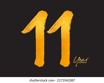 Gold 11 Years Anniversary Celebration Vector Template, 11 Years  logo design, 11th birthday, Gold Lettering Numbers brush drawing hand drawn sketch, number logo design vector illustration