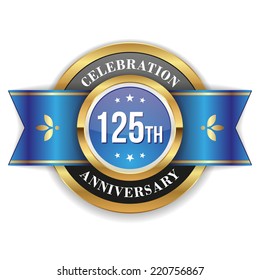 Gold 125th anniversary badge with blue ribbon on white background